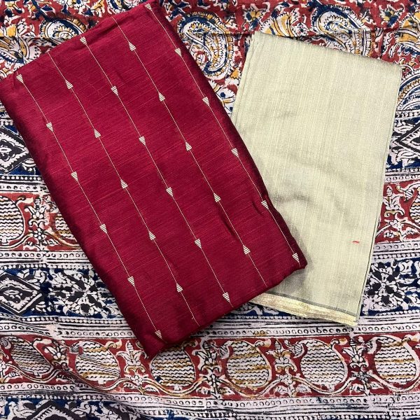 Raw Silk 3 Piece Set With Kalamkari Duppatta (top 2.5mtr, bottom 2mtr, duppatta 2.3 mtr)